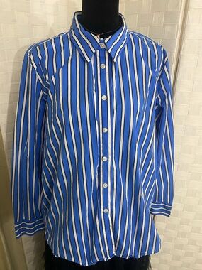 Ann Taylor Blue & White Vertical Stripe Button-Up Shirt